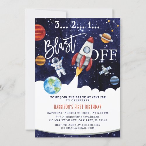 Astronaut Planet  Rocket Outer Space 1st Birthday Invitation