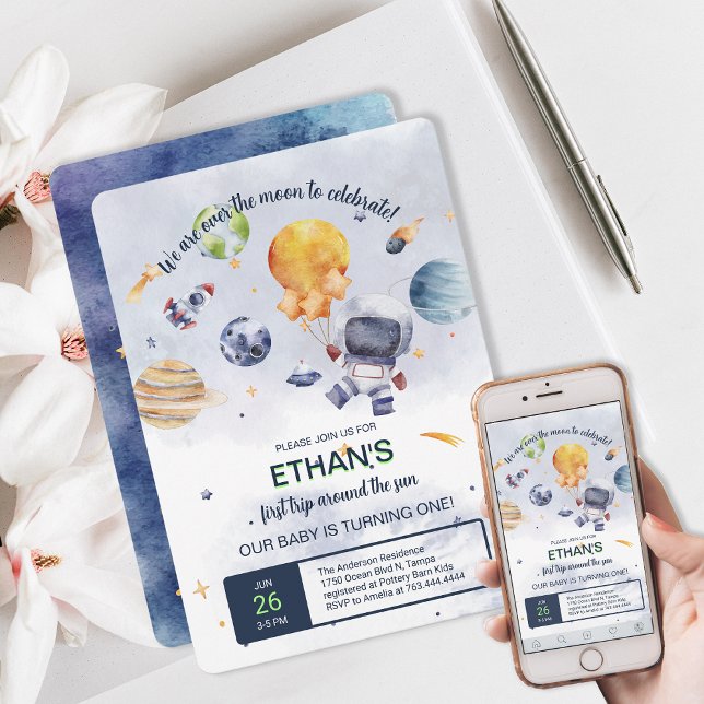 Astronaut Planet Space Party Kids Birthday Invitation (Galaxy Planet Personalize Kids Birthday Party Invitation)