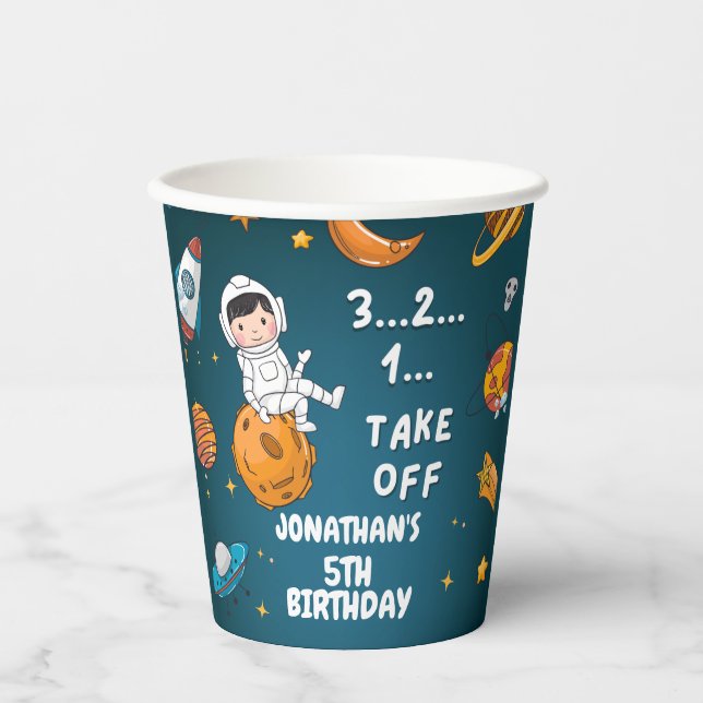 Astronaut Planets Space Blue Galaxy Birthday Paper Cups (Front)
