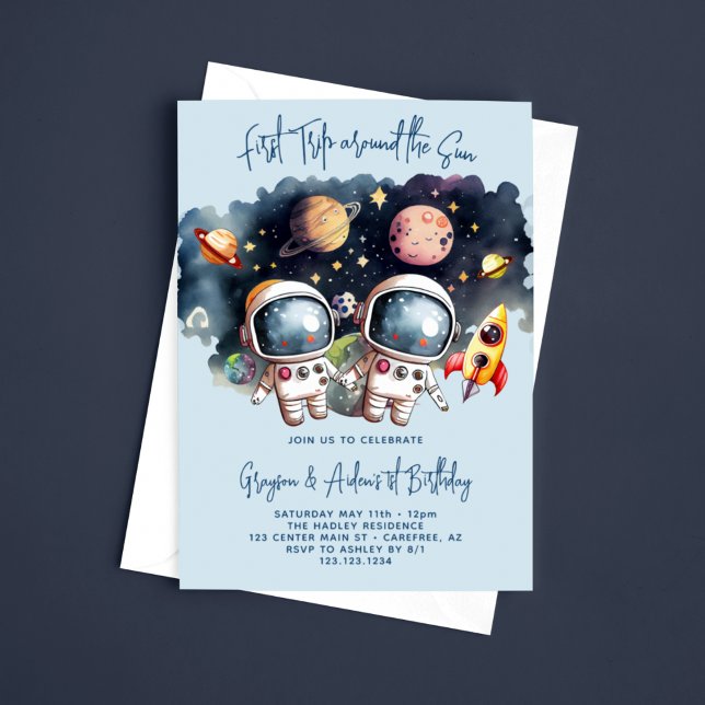 Astronaut Planets Twin Boys 1st Birthday Invitation (Creator Uploaded)