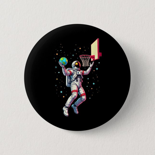 Astronaut Playing Basketball Planets Outer Space _ Button (Front)