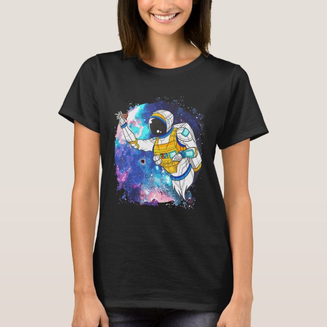 Astronaut Playing Darts in Outer Space Design T-Shirt (Front)