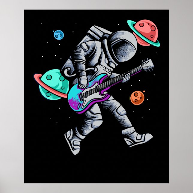Astronaut Playing Guitar Space Planets Musician Poster (Front)