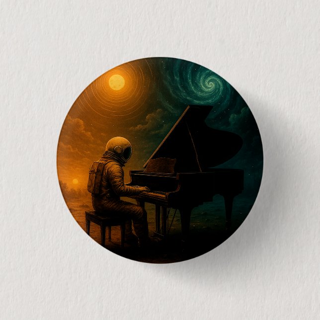 Astronaut Playing Piano in Split Reality - Surreal Button (Front)