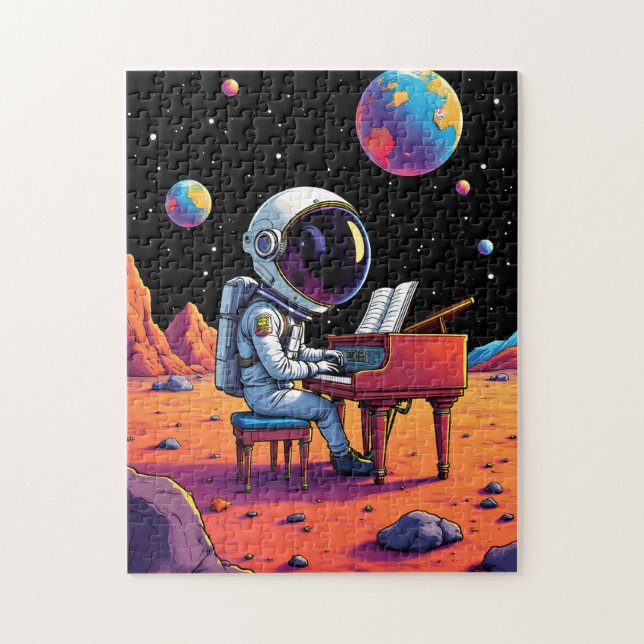 Astronaut Playing Piano Moon Cartoon Space Jigsaw Puzzle (Vertical)