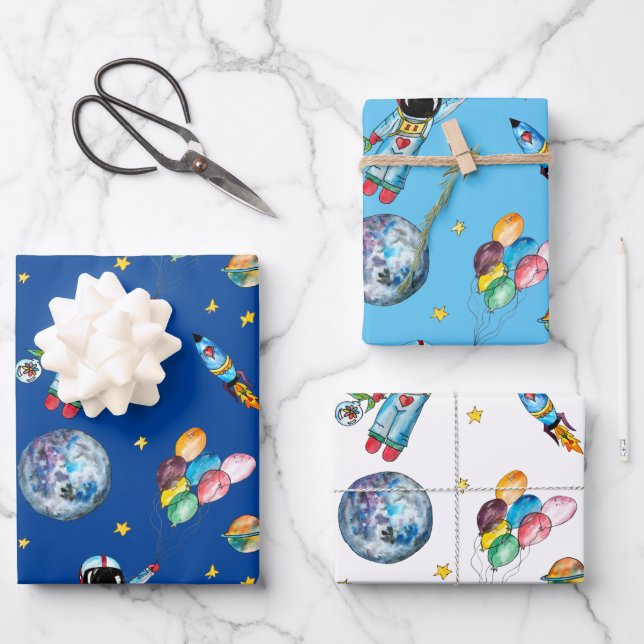 Astronaut Rainbow Balloons Rocket Space Kids Blue Wrapping Paper Sheets (Front)