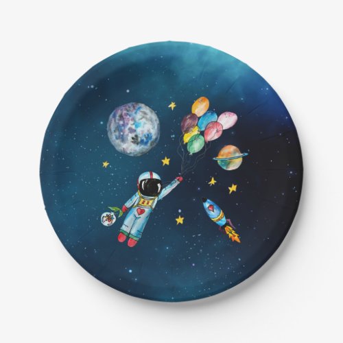 Astronaut Rainbow Balloons Rocket Space Kids Party Paper Plates