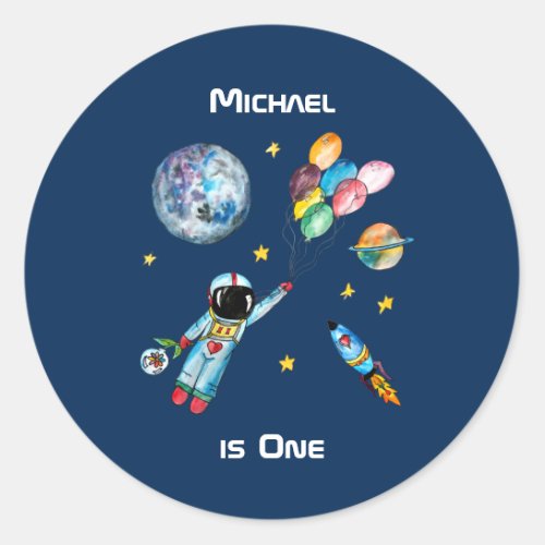 Astronaut Rainbow Balloons Rocket Space Name 1st Classic Round Sticker