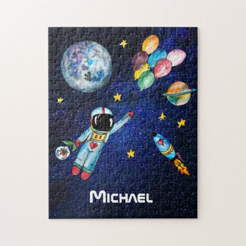 Astronaut Rainbow Balloons Rocket Space Name Jigsaw Puzzle