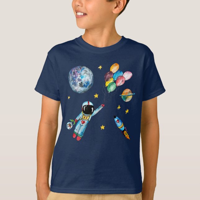 Astronaut Rainbow Balloons Rocket Space Watercolor T-Shirt (Front)