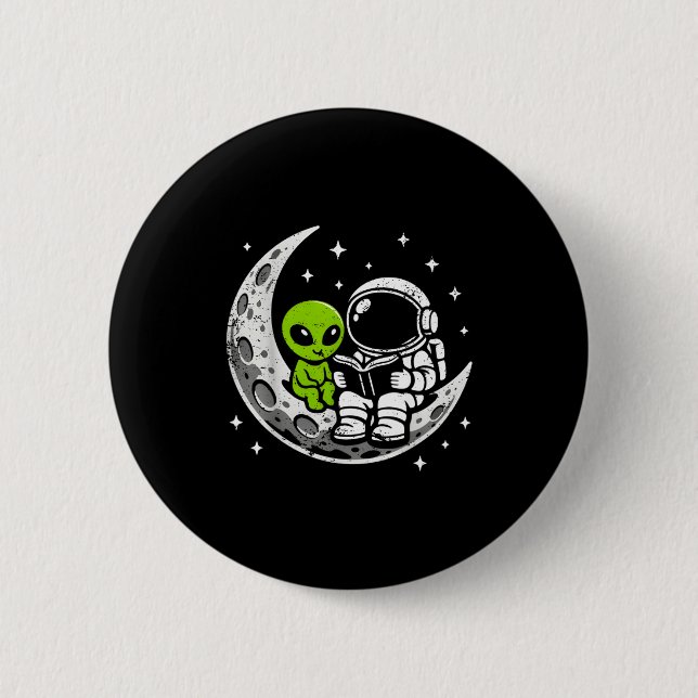 Astronaut reading book alien moon space  button (Front)