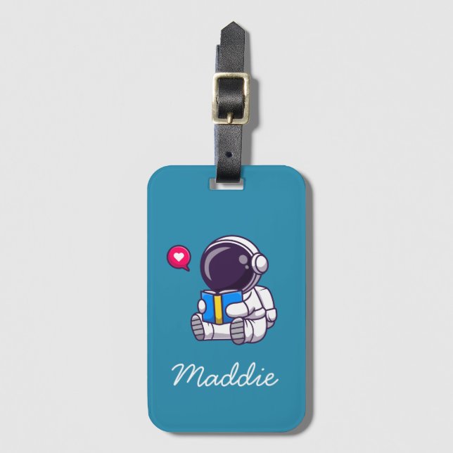 Astronaut reading book cute kids luggage tag (Front Vertical)