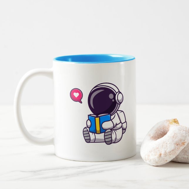 Astronaut reading book cute kids Two-Tone coffee mug (With Donut)
