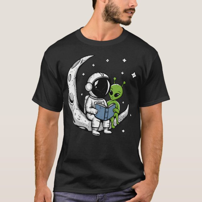 Astronaut Reading Book To Alien Moon Space Astrono T-Shirt (Front)