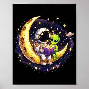 Astronaut reading book to alien moon space poster