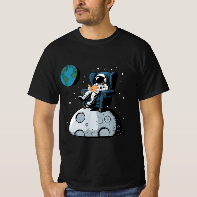 Astronaut Reading on Moon Funny Tee (Front)