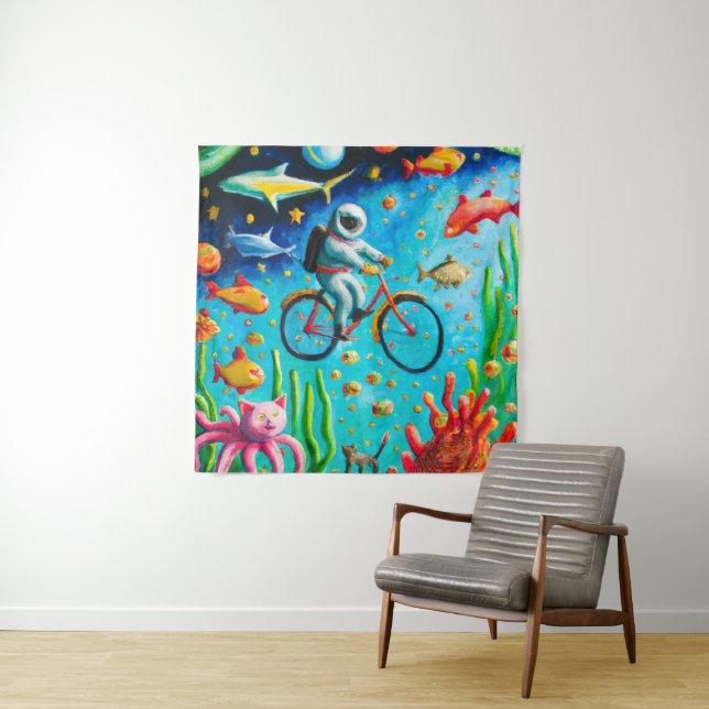 Astronaut riding a bibicle in the sea colorful pos tapestry (In Situ)