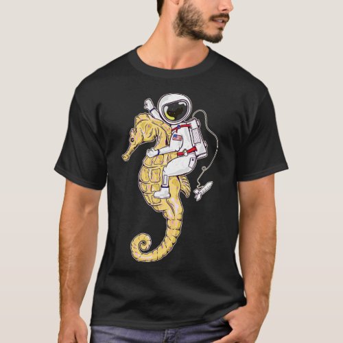 Astronaut riding a seahorse in space T_Shirt