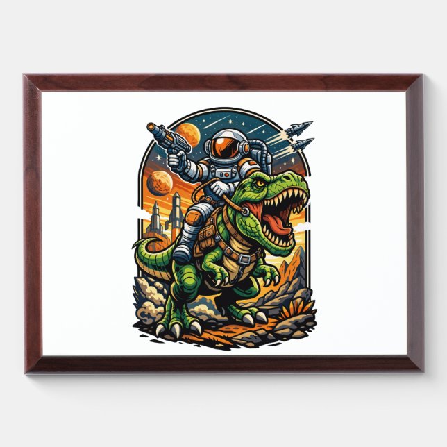 Astronaut Riding a T-Rex – Epic Space Dinosaur Award Plaque (Horizontal)