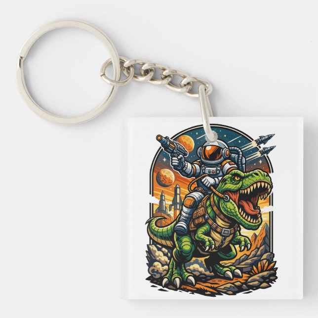 Astronaut Riding a T-Rex – Epic Space Dinosaur Keychain (Front)
