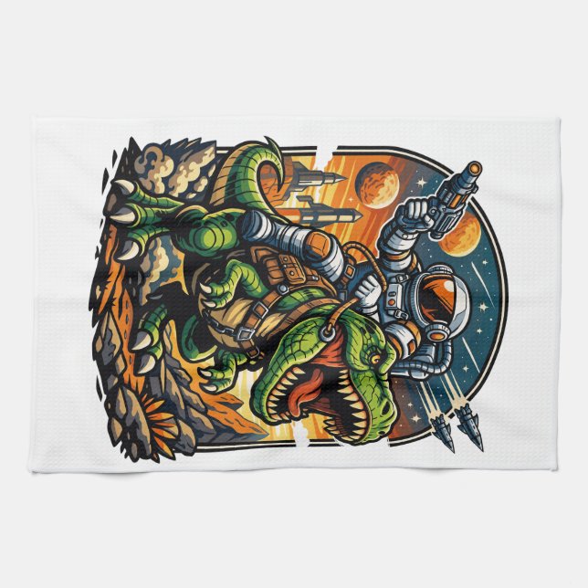 Astronaut Riding a T-Rex – Epic Space Dinosaur Kitchen Towel (Horizontal)