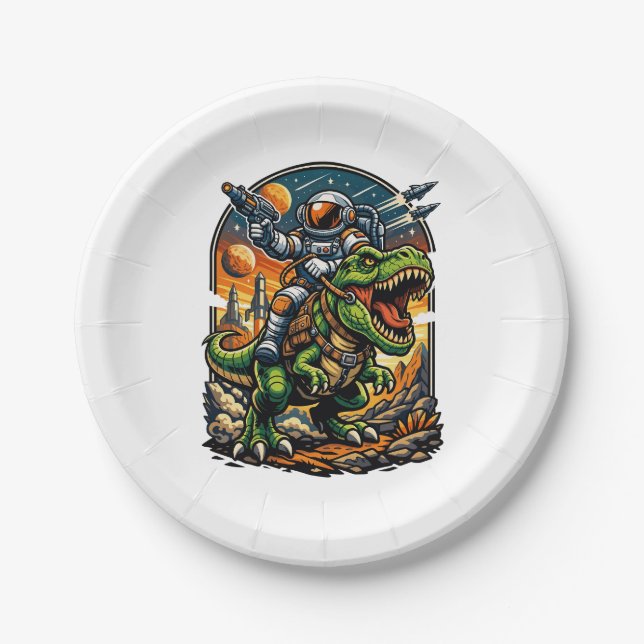 Astronaut Riding a T-Rex – Epic Space Dinosaur Paper Plates (Front)