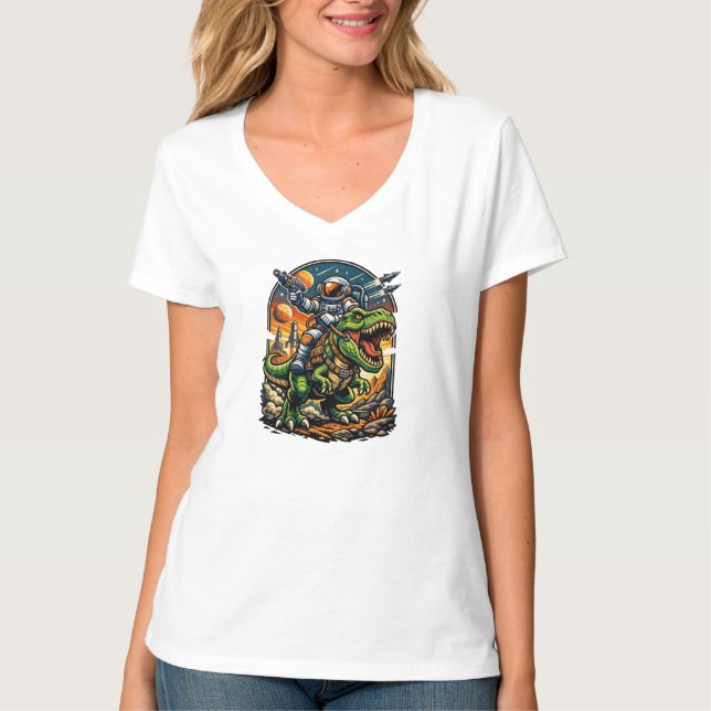 Astronaut Riding a T-Rex – Epic Space Dinosaur T-Shirt (Front)