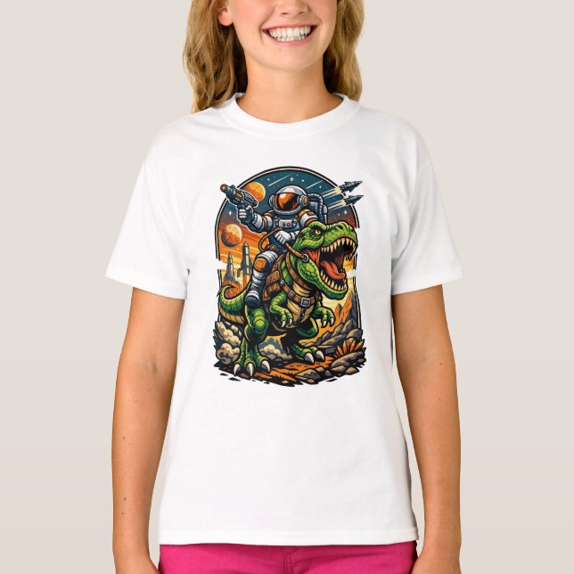 Astronaut Riding a T-Rex – Epic Space Dinosaur T-Shirt (Front)