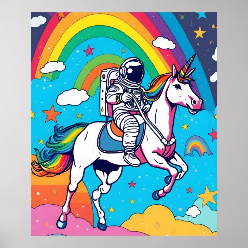 Astronaut Riding a unicorn on the Cloud in Space Poster