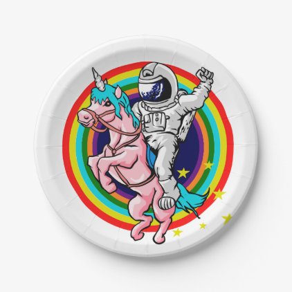 Astronaut riding a unicorn paper plate