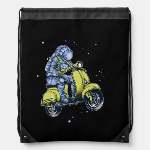 Astronaut riding scooter in space drawstring bag
