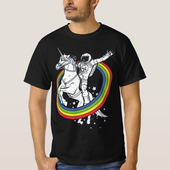 Astronaut Riding Unicorn, Funny Outer space T-Shirt (Front)