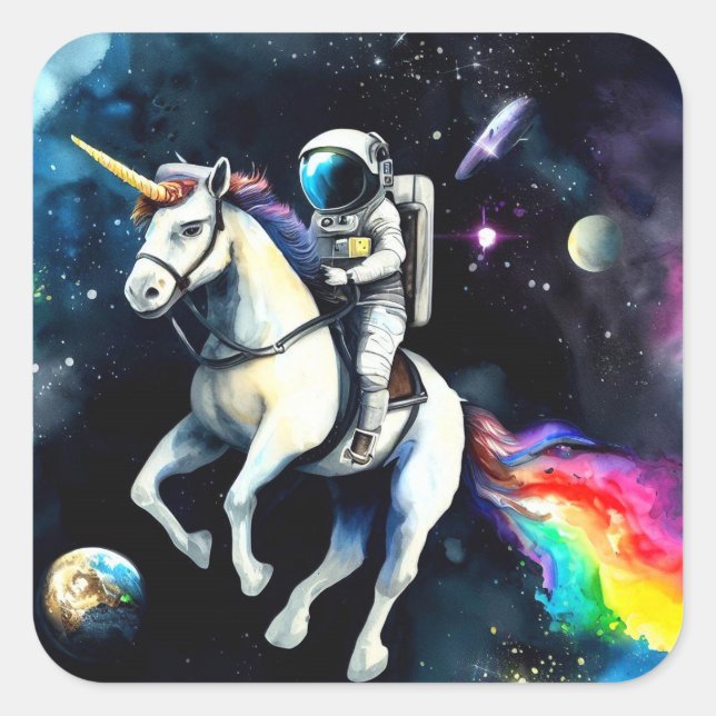 Astronaut Riding Unicorn in Space - Funny Science  Square Sticker (Front)