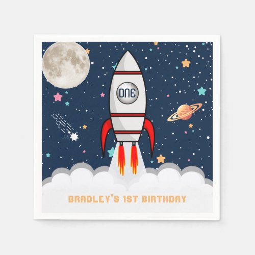 Astronaut Rocket Outer Space 1st Birthday Napkins
