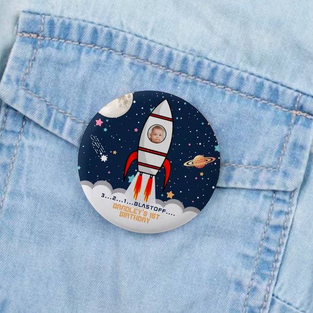 Astronaut Rocket Outer Space 1st Birthday Photo Button (Creator Uploaded)