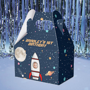 Astronaut Rocket Outer Space 1st Birthday Photo Favor Boxes