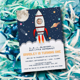 Astronaut Rocket Outer Space 1st Birthday Photo Invitation