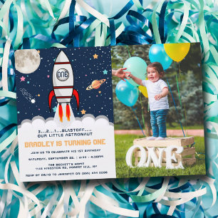 Astronaut Rocket Outer Space 1st Birthday Photo Invitation