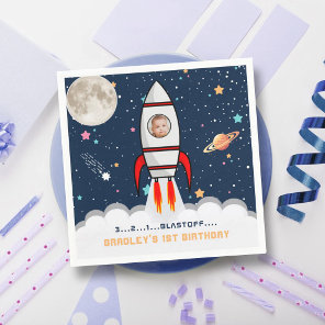 Astronaut Rocket Outer Space 1st Birthday Photo Napkins