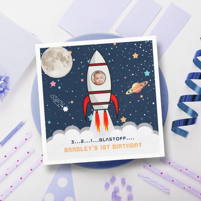 Astronaut Rocket Outer Space 1st Birthday Photo Napkins (Creator Uploaded)