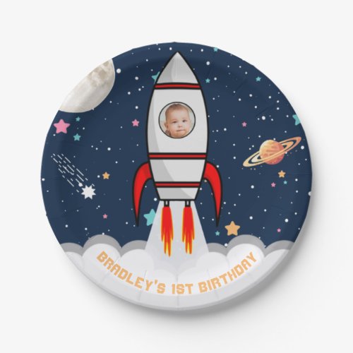 Astronaut Rocket Outer Space 1st Birthday Photo Paper Plates