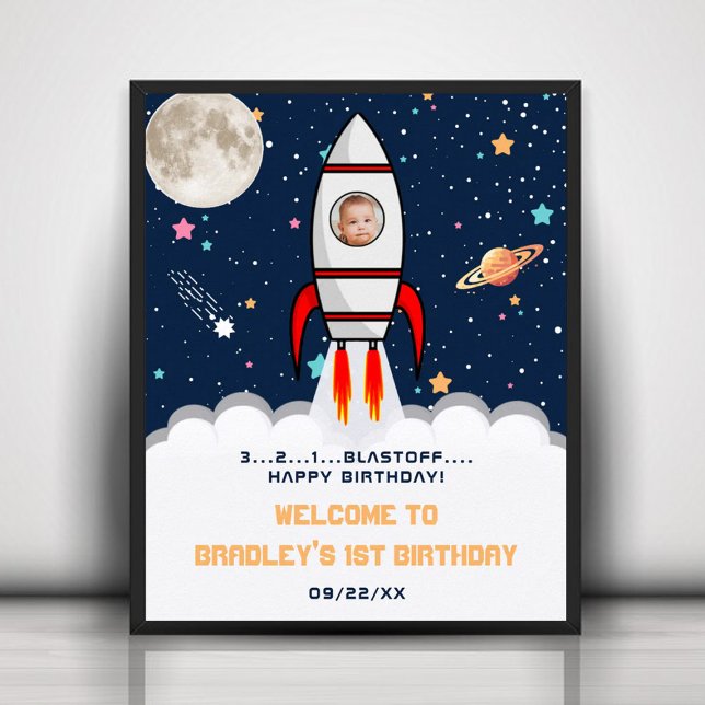 Astronaut Rocket Outer Space 1st Birthday Photo Poster (Creator Uploaded)