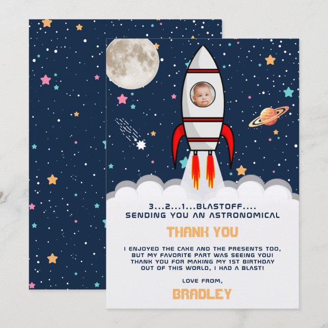 Astronaut Rocket Outer Space 1st Birthday Photo Thank You Card (Front/Back)