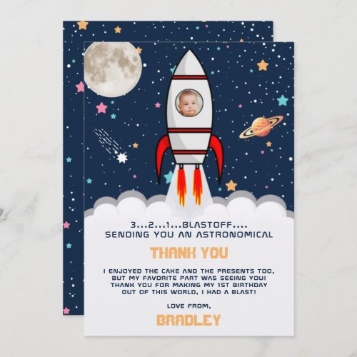 Astronaut Rocket Outer Space 1st Birthday Photo Thank You Card