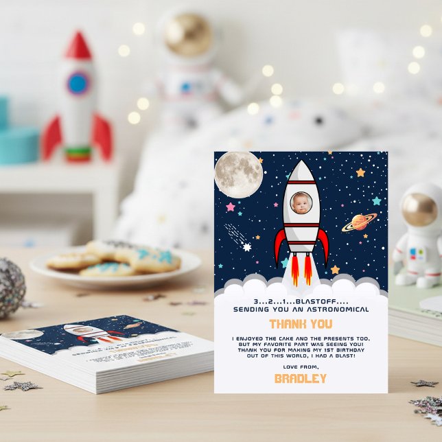 Astronaut Rocket Outer Space 1st Birthday Photo Thank You Card (Creator Uploaded)