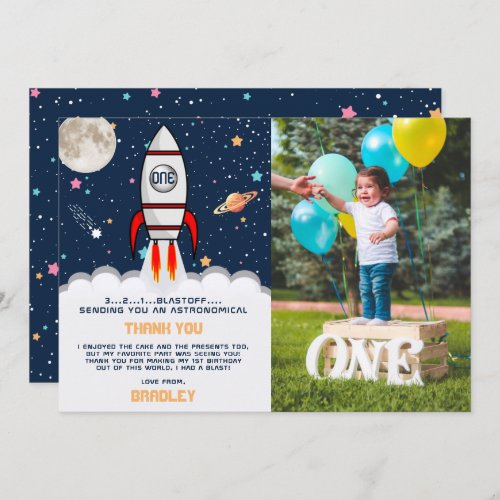 Astronaut Rocket Outer Space 1st Birthday Photo Thank You Card