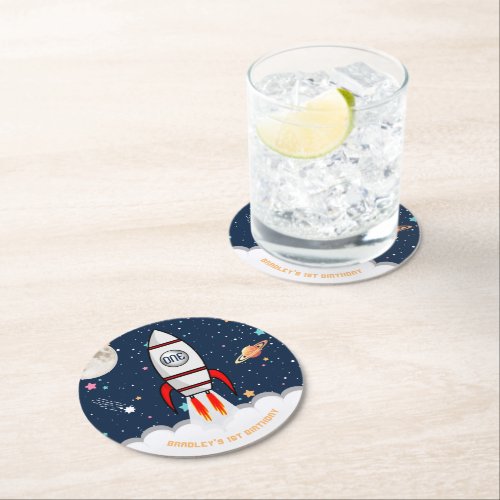 Astronaut Rocket Outer Space 1st Birthday Round Paper Coaster