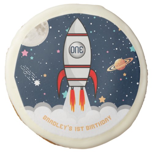 Astronaut Rocket Outer Space 1st Birthday Sugar Cookie