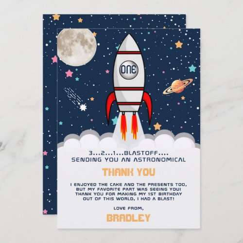 Astronaut Rocket Outer Space 1st Birthday Thank You Card