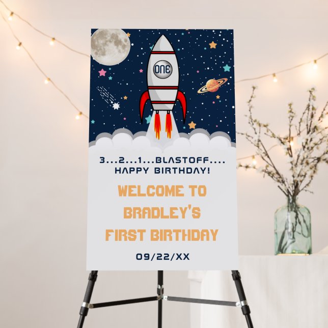 Astronaut Rocket Outer Space 1st Birthday Welcome Foam Board (In Situ (Stand))